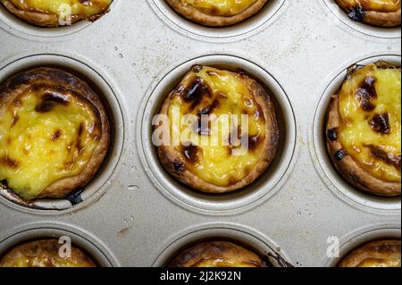 Eiertarte, traditionelles portugiesisches Dessert, Pastell de nata. Frisch gebacken. Frisch aus dem Ofen auf einem Backblech liegen. Stockfoto