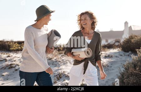 Das Leben am Strand lieben. Eine kurze Aufnahme von zwei attraktiven reifen Frauen, die mit ihren am Strand spazieren. Stockfoto