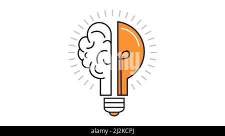 Glühbirne und Gehirn auf weißem Hintergrund. Ideenzeichen, Lösung, Denkkonzept. Beleuchtung Elektrische Lampe und Gehirn. Stock Vektor