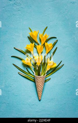 Gelbe Blüten im Eiskegel auf türkisfarbenem strukturiertem Hintergrund. Minimalkonzept für den Frühling. Flach liegend. Stockfoto