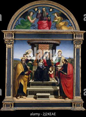 Antike Kunst des italienischen Künstlers Raphael - Madonna mit Kind auf dem Thron der Heiligen (ca. L 1504, S. Kunst der Hochrenaissance von Rafaello Sanzio da Urbino. Stockfoto