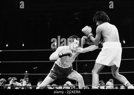 Barry McGuigans Comeback-Kampf gegen Nicky Perez, Alexandra Pavillion, London.Dies war McGuigans erster Kampf, nachdem er seinen WBA-Titel an Steve Cruz verloren hatte. McGuigan gewann durch KO in Runde vier. (Das Bild zeigt) Kampfaktion. 4.. April 1988. Stockfoto