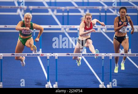 Sarah Lavin, Mathilde Heltbech und Lai Yiu Lui treten am zweiten Tag der Leichtathletik-Hallenweltmeisterschaften Belgrad 20 bei den 60m Hürden der Frauen an Stockfoto