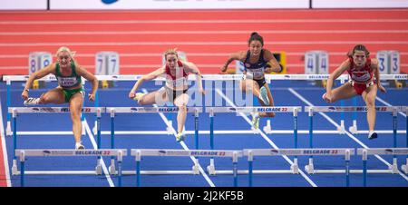 Sarah Lavin, Mathilde Heltbech, Lai Yiu Lui und Teresa Errandonea treten am zweiten Tag des World Athletics Indoor Champi bei den 60m Hürden der Frauen an Stockfoto