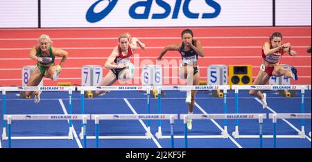 Sarah Lavin, Mathilde Heltbech, Lai Yiu Lui und Teresa Errandonea treten am zweiten Tag des World Athletics Indoor Champi bei den 60m Hürden der Frauen an Stockfoto