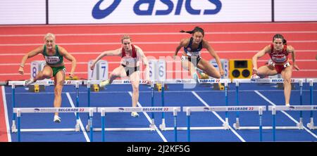 Sarah Lavin, Mathilde Heltbech, Lai Yiu Lui und Teresa Errandonea treten am zweiten Tag des World Athletics Indoor Champi bei den 60m Hürden der Frauen an Stockfoto