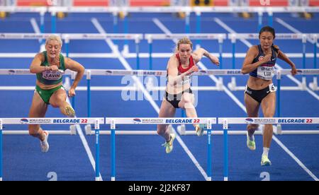 Sarah Lavin, Mathilde Heltbech und Lai Yiu Lui treten am zweiten Tag der Leichtathletik-Hallenweltmeisterschaften Belgrad 20 bei den 60m Hürden der Frauen an Stockfoto