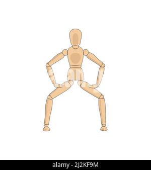 Hölzerne Mann Modell, menschl. Darstellungsobjekt, um menschliche Körper Anatomie starke Pose zu zeichnen. Schaufensterpuppe Steuerung Dummy Figur Vektor einfache Illustration Stock Bild Stock Vektor