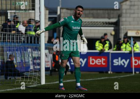 HARTLEPOOL, GROSSBRITANNIEN. APR 2. Torwart Tom King von Salford City während des Spiels der Sky Bet League 2 zwischen Hartlepool United und Salford City im Victoria Park, Hartlepool, am Samstag, den 2.. April 2022. (Kredit: Michael Driver | MI Nachrichten) Kredit: MI Nachrichten & Sport /Alamy Live Nachrichten Stockfoto