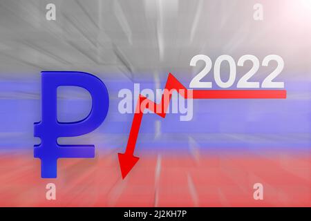 Sanktionen und Krise 2022 in Russland. Quartals- oder Jahresberichte des Unternehmens. Der wirtschaftliche Abschwung steht auf dem Diagramm. Diagrammpfeil zeigt nach unten gegen Absturz Stockfoto