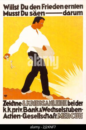 Ein deutsches Werbeplakat aus dem ersten Weltkrieg, 1914-1918, aus dem frühen 20.. Jahrhundert, auf dem ein Mann Münzen aussaat, als ob sie Samen wären. Text: Wenn man Frieden ernten will, muss man säen -- deshalb den Kriegsdarlehen von 8. abonnieren. Der Künstler war Ernst Ludwig Franke (1886-1948). Stockfoto