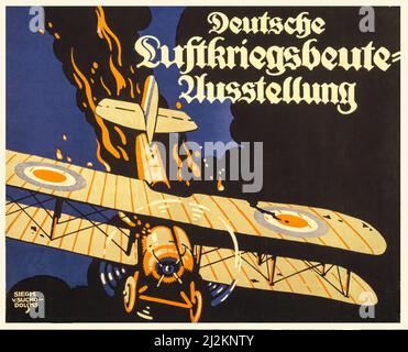 Ein deutsches Werbeplakat aus dem ersten Weltkrieg, 1914-1918, aus dem frühen 20.. Jahrhundert, das einen brennenden britischen Doppeldecker zeigt, der auf den Boden stürzt. Künstler Unbekannt Stockfoto