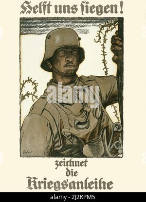 Ein deutsches Werbeplakat aus dem ersten Weltkrieg aus dem frühen 20.. Jahrhundert, 1914-1918, zeigt ein Plakat, zeigt einen deutschen Soldaten mit einer Gasmaske, die an seinem Hals hängt und in die Ferne blickt. Text lautet: Hilf uns zu triumphieren! Abonnieren Sie das Kriegsdarlehen. Künstler Unbekannt. Stockfoto