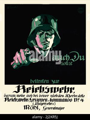 Ein deutsches Werbeplakat aus dem ersten Weltkrieg aus dem frühen 20.. Jahrhundert, 1914-1918, auf dem ein deutscher Soldat auf den Betrachter zeigt, mit dem Text: Auch du solltest der Reichswehr beitreten. Eine weitere Variante zum Thema „Ihr Land braucht Sie“. Der Künstler war Hans Rudi Erdt (1883-1918) Stockfoto