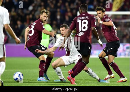 SALERNO, ITALIEN - 2. APRIL: Andrea Belotti vom FC Turin während der italienischen Serie Ein Spiel zwischen US Salernitana und FC Turin im Stadio Arechi am 2. April 2022 in Salerno, Italien (Foto: Ciro Santangelo/Orange Picturs) Stockfoto