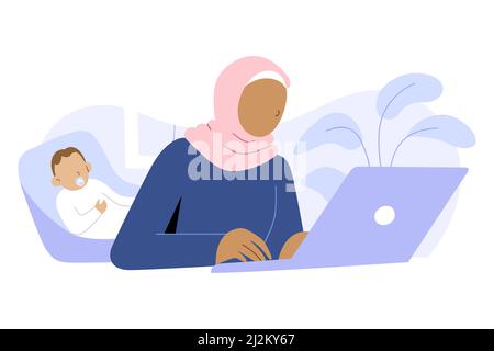 Freiberufliche Mutter, die im Heimbüro arbeitet, junge muslimische Frau, die mit einem Laptop an ihrem Schreibtisch sitzt, während ihr Baby schläft, Fernarbeit, freiberufliche Mutter Stock Vektor