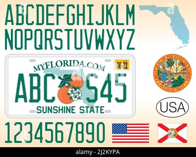 Florida Lizenz Auto Platte Muster-Design, mit Zahlen, Buchstaben und Symbole, Vereinigte Staaten von Amerika, Vektor-Illustration Stock Vektor