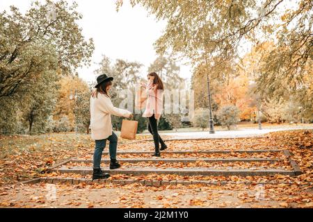 Zwei enge Freundinnen Frauen, die im goldenen Herbstpark spazieren, Treppen. Einkaufstag, Kauf in ökologischen Textiltaschen Stockfoto