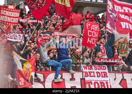 Freiburg, Deutschland. 02. April 2022. FCB Fans im Spiel SC FREIBURG - FC BAYERN MÜNCHEN 1-4 1.Deutsche Fußballliga am 2. April 2022 in Freiburg, Deutschland. Saison 2021/2022, Spieltag 28, 1.Bundesliga, FCB, München, 28.Spieltag. FCB, © Peter Schatz / Alamy Live News - die DFL-VORSCHRIFTEN VERBIETEN DIE VERWENDUNG VON FOTOGRAFIEN als BILDSEQUENZEN und/oder QUASI-VIDEO - Quelle: Peter Schatz/Alamy Live News Stockfoto