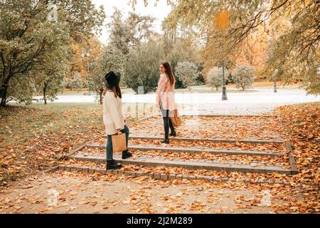 Zwei enge Freundinnen Frauen, die im goldenen Herbstpark spazieren, Treppen. Shopping Verkäufe, Kauf in ökologischen Textilbeutel Stockfoto