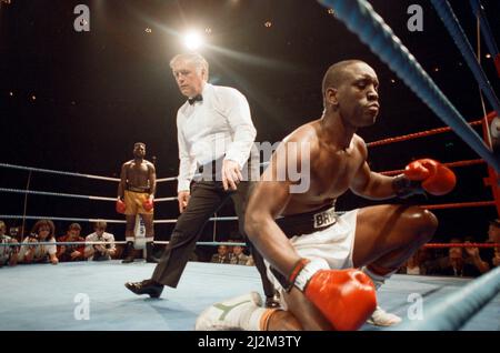 Professionelles Debüt für den Super Heavyweight Olympic Gold Medallist Lennox Lewis 1988.Lewis stoppte Al Malcolm in Runde zwei und siegte seinen ersten Pro-Kampf. (Bild) Malcolm sinkt. 27.. Juni 1989 Stockfoto