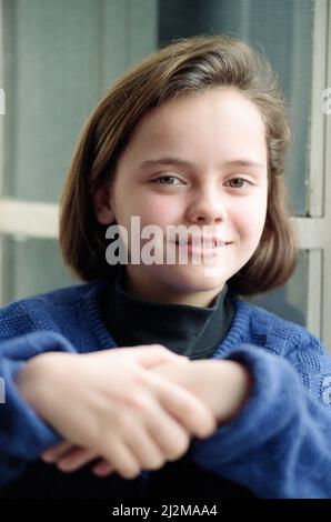 Die 11-jährige Christina Ricci, Juniorstar im Blockbuster „The Addams Family“. 9.. Dezember 1991. Stockfoto