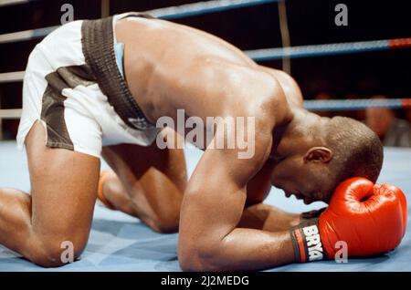 Professionelles Debüt für den Super Heavyweight Olympic Gold Medallist Lennox Lewis 1988.Lewis stoppte Al Malcolm in Runde zwei und siegte seinen ersten Pro-Kampf. (Bild) Malcolm sinkt. 27.. Juni 1989 Stockfoto