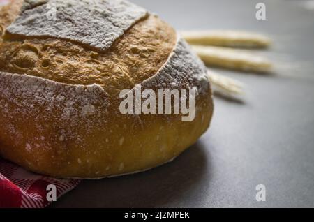 Schönes Sauerteigbrot auf grauem Hintergrund mit getrockneter Weizenblume. Stockfoto