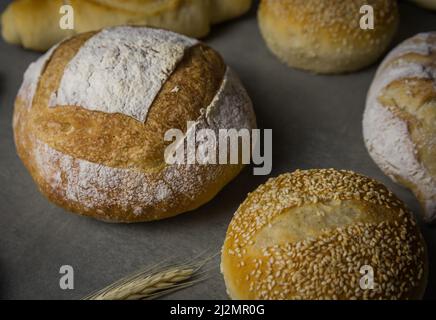 Schönes Sauerteigbrot auf grauem Hintergrund mit getrockneter Weizenblume. Stockfoto