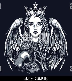 Vintage Tattoo Chicano Stil Konzept mit schönen Mädchen in Krone Mit Engelsflügeln Schädel und Skelett Hand hält Rose isoliert vektorgrafik Stock Vektor