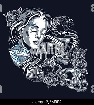 Vintage Chicano Stil Tattoo Konzept mit hübschen Mädchen Schlange verschlungen Mit Totenkopf schöne Rosen Würfel und Katze Schädel isoliert Vektor Abbildung Stock Vektor