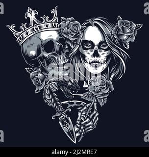 Vintage Chicano Tattoo Konzept in Dreiecksform mit Totenkopf in Krone Schlange Dolch Skelett Hand hält Rose und Mädchenkopf Mit Zucker Schädel Make-up iso Stock Vektor