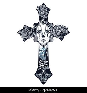 Chicano Stil Tattoo Vorlage in Kreuzform mit hübschen Mädchen Gesicht Rosen und Skelett Hand liegen auf Schädel im Vintage Stil isoliert Vektor illustrationo Stock Vektor