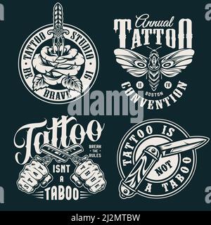 Vintage monochrome Tattoo Salon Etiketten mit Schmetterling Taschenmesser Rose Durchbohrt mit Dolch Tätowierer hält gekreuzte gerade Rasiermesser isoliert Vektor Stock Vektor