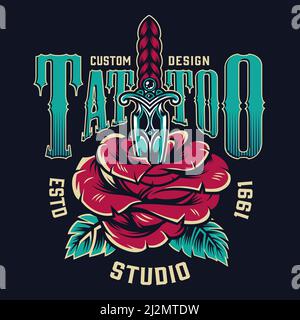 Vintage Tattoo Studio bunte Label mit schönen Rose durchbohrt mit Elegante, isolierte Vektorgrafik für Dolch Stock Vektor