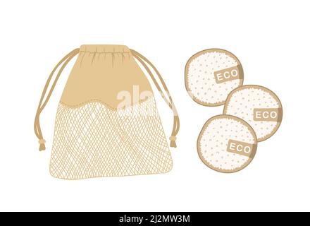 Waschbare Wattepads mit Bio-Stoffbeutel. Bambusschminkentferner wischen. Umweltfreundliche Produkte für die Hautpflege. Zero Waste Konzept. Kein Kunststoff. Vektor Stock Vektor