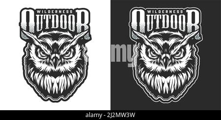 Vintage Wildtier Emblem mit aggressiver Eule und Inschrift in Monochrome Darstellung isolierter Vektorgrafiken Stock Vektor