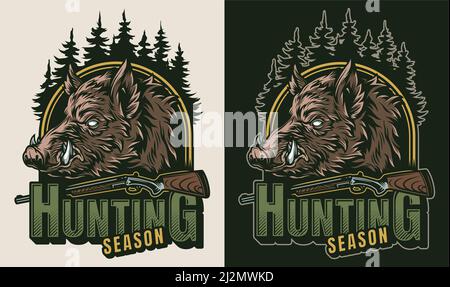 Vintage Jagd buntes Logo mit Waffenbäumen und ernst wild Isolierte Vektorgrafik für Wildschweinkopf Stock Vektor