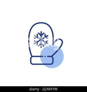 Gestrickte Winterhandschuhe. Weihnachtshandschuhe mit Schneeflocke. Pixel-perfektes, bearbeitbares geometrisches Konturvektorsymbol Stock Vektor