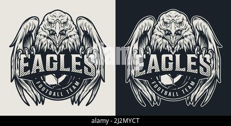 Fußball-Team Vintage-Logo mit aggressiven Adler Maskottchen und Fußball Kugel im monochromen Stil isolierte Vektorgrafik Stock Vektor