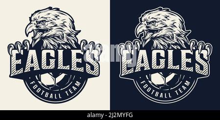 Fußballverein einfarbig Abzeichen mit wütend Adler Maskottchen Holding Club Name Inschrift im Vintage-Stil isoliert Vektor-Illustration Stock Vektor
