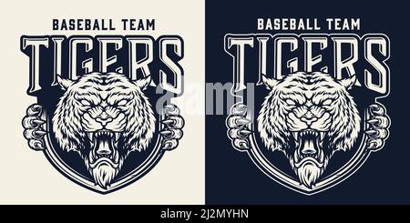 Baseballteam vintage monochromes Emblem mit wütenden Tiger Kopf Maskottchen Und Tierkrallen isoliert Vektor-Illustration Stock Vektor