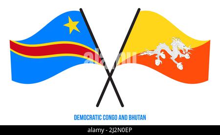 Demokratische Republik Kongo und Bhutan Flaggen gekreuzt & winken Flat Style. Offizieller Anteil. Korrigieren Sie Die Farben. Stockfoto