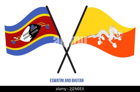 Eswatini und Bhutan Flaggen gekreuzt und winken Flat Style. Offizieller Anteil. Korrigieren Sie Die Farben. Stockfoto