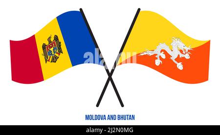 Moldawien und Bhutan Flaggen gekreuzt und winken Flat Style. Offizieller Anteil. Korrigieren Sie Die Farben. Stockfoto