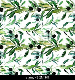 Aquarell olive Zweige nahtlose Muster auf weißem Hintergrund. Handgezeichnete Aquarellillustration. Design für Abdeckungen, Verpackungen, Textilien, Tapeten Stockfoto