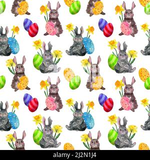 Aquarell ostern Nahtloses Muster. Illustration von osterhase und Ei, Frühlingsblumen. Ostereiersuche Hintergrund. Design für ostern Dekor, Label Stockfoto