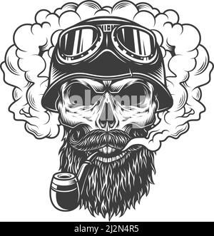 Totenkopf in Rauchwolke und Bikerhelm. Vektorgrafik Stock Vektor