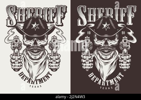 Monochrome Vintage-Embleme mit Sheriff-Konzept. Vektor-Retro-Illustration Stock Vektor