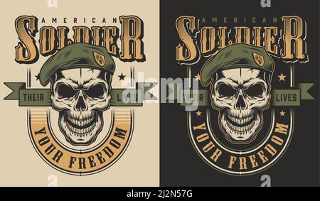 Totenkopf Soldat im Baskenmütze T-Shirt Print Konzept. Vektorgrafik Stock Vektor